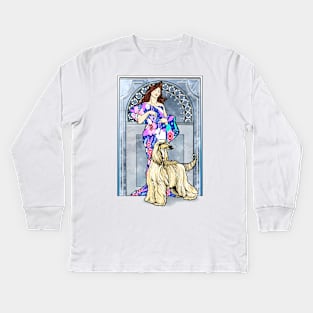 Mucha/Watson. Masked Gold Afghan Hound.Elegant brunette female. Kids Long Sleeve T-Shirt